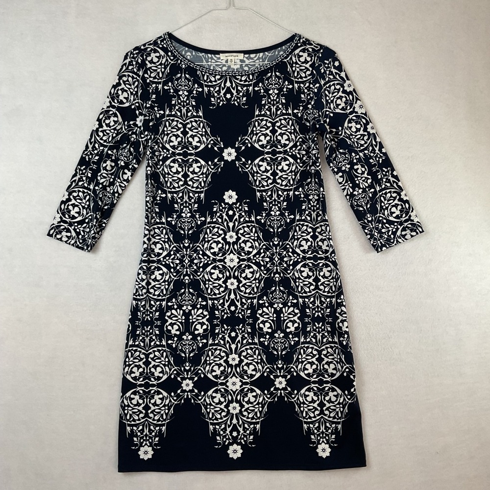Max Studio Womens Navy Blue White Damask Floral 3/4 Sleeve Sheath Dress XS
